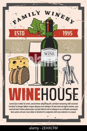 Negozio di cantine per famiglie o negozio di cantine della grande riserva. Vinificazione produzione privata, bottiglia di vino rosso e verricello con apribottiglie, formaggio e panino Illustrazione Vettoriale