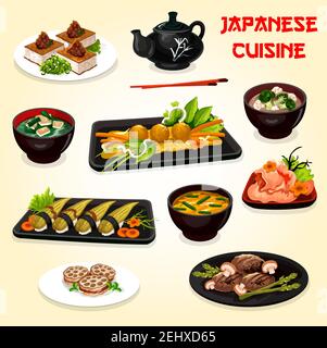 Cucina giapponese e asiatica piatti vettoriali. Nigiri sushi, polpette di maiale e polpo con verdure al forno, radice di loto e carne, tofu fritto e zuppe di miso wi Illustrazione Vettoriale