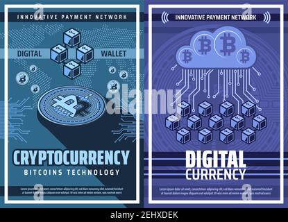 Criptovaluta, blockchain per portafogli bitcoin, poster vettoriale per la criptovaluta o la tecnologia digitale del denaro. Azienda mineraria Bitcoin, transazioni virtuali ecc. Illustrazione Vettoriale