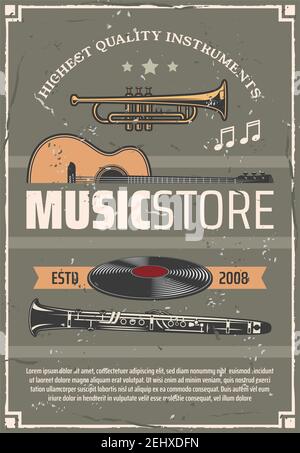 Poster vettoriale retrò del negozio di musica, strumenti musicali a fiato e a corda, vecchi dischi in vinile. Tromba e chitarra acustica, flauto e note vintage design. Sho Illustrazione Vettoriale
