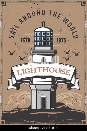 Faro o faro nautico, viaggi marini e turismo vettoriale design. Navigazione torre faro nella tempesta notturna con le onde del mare poster retrò Illustrazione Vettoriale