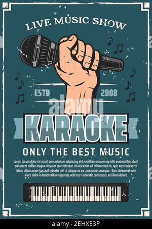 Karaoke party invito poster retrò con microfono in mano e pianoforte. Musica classica dal vivo, cartellone per concerti, spettacolo di carnevale o festival Illustrazione Vettoriale