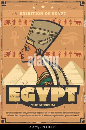 Viaggio egiziano retro poster regina Nefertiti, Egitto museo delle reliquie. Grandi piramidi dal deserto africano con tombe faraone all'interno. Antica dea An Illustrazione Vettoriale