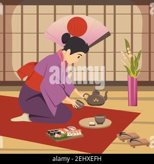 Rituale tradizionale giapponese per la cerimonia del tè eseguito da una donna sul pavimento illustrazione vettoriale dei simboli nazionali mat Illustrazione Vettoriale