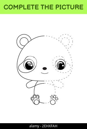 Immagine completa disegnata di carino panda. Libro da colorare. Gioco DOT Copy. Pratica di scrittura a mano, formazione di abilità di disegno. Formazione sviluppo di lavori stampabili Illustrazione Vettoriale