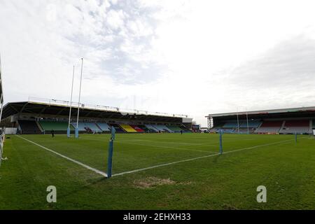 Twickenham Stoop, Londra, Regno Unito. 20 Feb 2021. Inglese Premiership Rugby, Harlequins contro squali di vendita; vista generale di interno e vuoto Twickenham Stoop a causa della pandemia di credito: Action Plus Sport/Alamy Live News Foto Stock