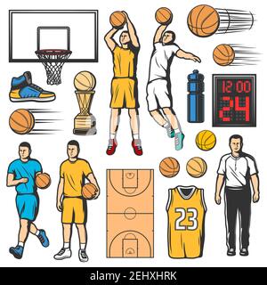 Sport basket icone, giocatori in uniforme con palla di pelle e campo da gioco. Bottiglia d'acqua e segnapunti, camicia con numero e coppa trofeo. Sneaker An Illustrazione Vettoriale