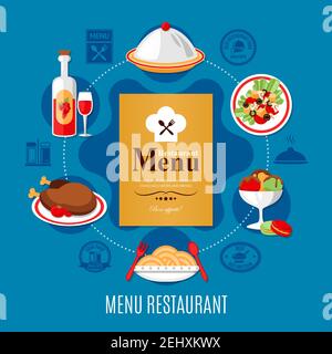 Menu del ristorante e vari piatti di concetto su fondo piatto blu illustrazione vettoriale Illustrazione Vettoriale