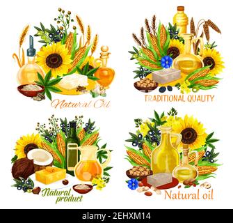 Olio naturale vettore icone di condimenti alimentari vegani con verdure, frutta, noci e ingredienti di semi. Olive, girasole e mais, colza, canola e. Illustrazione Vettoriale