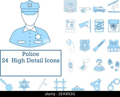 Insieme di icone della polizia. Linea sottile con design di riempimento blu. Illustrazione vettoriale. Illustrazione Vettoriale