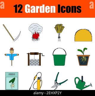 Set di icone del giardino. Disegno a contorno a colori piatti con tratto modificabile. Illustrazione vettoriale. Illustrazione Vettoriale