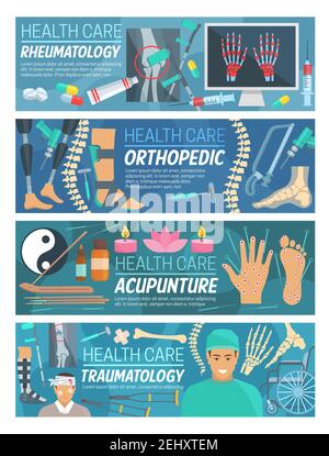 Striscioni di reumatologia, traumatologia ortopedica e medicina dell'agopuntura. Reumatologo vettoriale e medici ortopedici con articoli diagnostici medici An Illustrazione Vettoriale