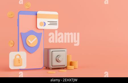 3d rendering del sistema di sicurezza concettuale su applicazione finanziaria in smartphone. Telefono cellulare con cassaforte, monete, carta di credito e icone. Foto Stock