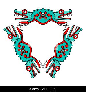 Colorato ornamento a coccodrillo di forma triangolare, in stile Azteco. Triangolo turchese, rosso e nero, realizzato in metà corpo a coccodrillo. Foto Stock