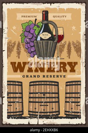 Poster del negozio d'annata Premium Wine Grand Reserve. Vinificazione e cantina, bottiglia di vino in botti di legno in cantina volta con vendemmia e vinegla Illustrazione Vettoriale