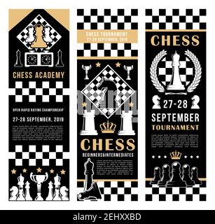 Banner torneo Chess Academy. Vettore scacchi porto e gioco di svago pezzi cavallo, rook e corona re su scacchiera strategia sfondo con punteggio cl Illustrazione Vettoriale