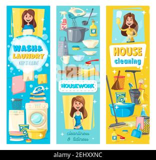 Pulizia della casa, lavanderia e servizio di pulizia della casa. Servizio di pulizia professionale vettoriale, piatti casalinghi in cucina, pavimento per la pulizia e vento Illustrazione Vettoriale