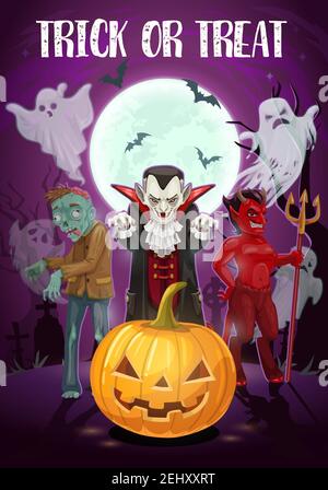 Halloween vacanza, trucco o piacere, la notte del male. Vampiro di Dracula del vettore, diavolo rosso e zombie morto, fantasmi o spiriti, Lanterna di Jack e luna piena. Monst Illustrazione Vettoriale