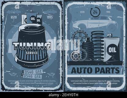 Filtro dell'aria e filtro dell'olio con ricambi auto, servizio di riparazione auto e messa a punto del motore. Servizio di riparazione di automobili, sostituzione di ingranaggi. Stazione di garage vettoriale a Illustrazione Vettoriale