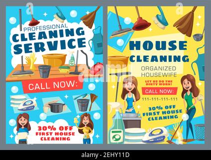 Servizio di pulizia della casa, aiuto professionale della casalinga. Lavaggio vettoriale e lavanderia, stiratura e lavastoviglie. Ausili per la casa in grembiuli, guanti protettivi e. Illustrazione Vettoriale