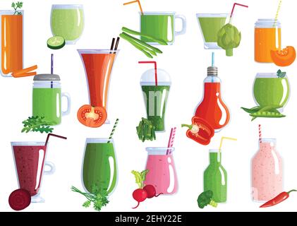 Set di frullati vegetali da carote, asparagi, barbabietole, prezzemolo, rafano in vetreria con cannucce isolate illustrazione vettoriale Illustrazione Vettoriale