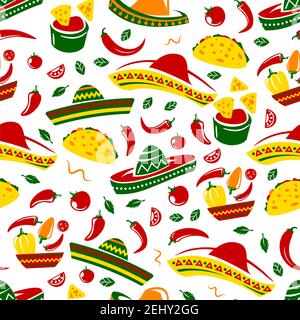 Cibo messicano senza cuciture motivo di tacos, nachos e burritos, sombrero, tortilla di mais e peperoncino salsa di pomodoro salsa salsa, avocado guacamole Illustrazione Vettoriale