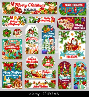 Etichette o etichette per Natale e Capodanno, regalo per le festività invernali. Albero di Natale con regalo, campana e palla, Santa, pupazzo di neve e presente, agrifoglio, candela e. Illustrazione Vettoriale