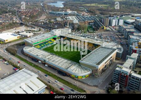 Una vista aerea di Carrow Road, casa di Norwich City, in vista dell'odierna partita del campionato Sky Bet contro Rotherham United. Data immagine: Sabato 20 febbraio 2021. Foto Stock