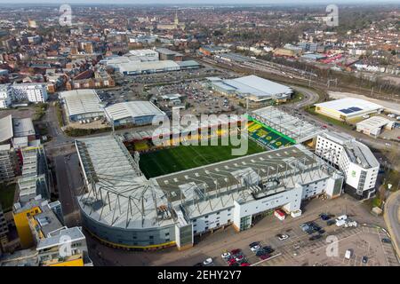 Una vista aerea di Carrow Road, casa di Norwich City, in vista dell'odierna partita del campionato Sky Bet contro Rotherham United. Data immagine: Sabato 20 febbraio 2021. Foto Stock