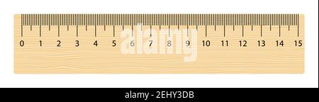 Righello in legno realistico 15 centimetri. Strumento matematico. Illustrazione vettoriale isolata in bianco Illustrazione Vettoriale