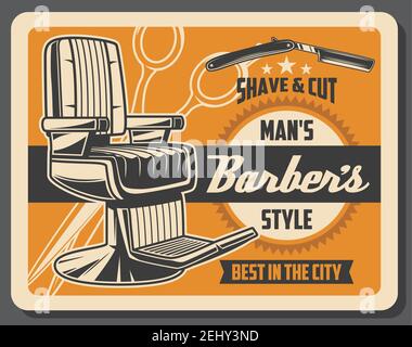 Servizio barbiere e parrucchiere. Vector rétro gentlemens hipster stile, rasatura e taglio dei capelli, poltrona e rasoio pericoloso con lama, forbici Illustrazione Vettoriale