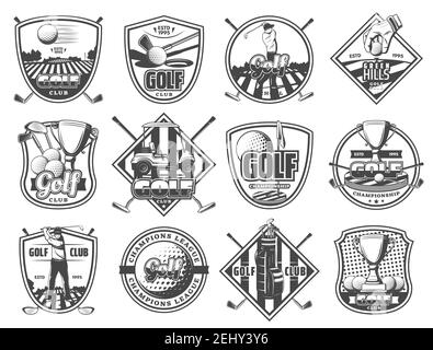 Golf club sport champioship icone. Emblemi arlaldico vettoriali e stemmi di attrezzature da golf, premio di palla e club o di coppa di vicotera e cart su campo da tee Illustrazione Vettoriale