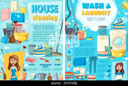 Servizio di pulizia e lavanderia della casa, cameriera o casalinga. Apparecchi elettrici Vector, lavatrici e macchine da cucire, ferro da stiro e aspirapolvere con asciuga. BR Illustrazione Vettoriale