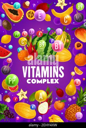 Contenuto di vitamine di frutta e bacche. Vettore mango tropicale, arancio e banana, anguria, papaia e durian esotico, uva, fico e ananas, lem Illustrazione Vettoriale