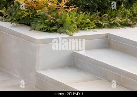 Legname di grandi dimensioni bianco pietra di Yorkstone lastre lastricate pavimentando gradini pavimentati e rialzato bordo del letto piantato con felci - Inghilterra GB UK Foto Stock