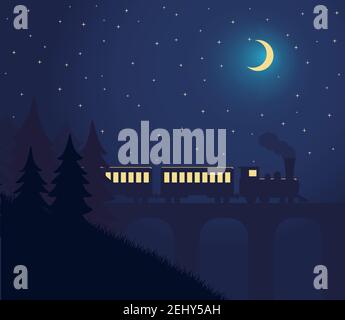 Paesaggio notturno con un treno che viaggia su un ponte, montagne e foresta e cielo stellato Illustrazione Vettoriale