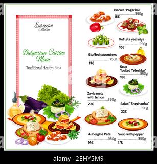 Menu ristorante di cucina bulgara con insalata di yogurt e pate di melanzane con zuppa di manzo al pepe, polpette e rotolo di torta al limone, cetrioli ripieni con wit Illustrazione Vettoriale