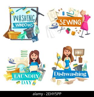 Servizio di pulizia, lavastoviglie e lavafinestre, servizio di cucito e lavanderia. Spruzzatore vettoriale e spazzola, macchina da cucire e ferro da stiro, lavatrice e lino, plat sporco Illustrazione Vettoriale