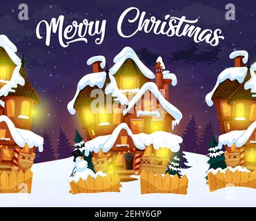Night Village, buon Natale biglietto d'auguri. Case con luce in finestre e pupazzo di neve con abeti dietro recinzione. Case in neve decorate con ghirlande a Illustrazione Vettoriale