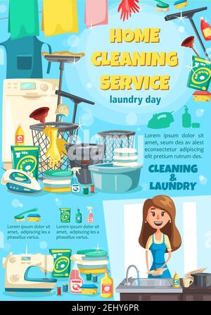 Servizio di pulizia e lavanderia, lavastoviglie. Macchina per il lavaggio e la cucitura vettoriale, ferro e detersivo, guanti e spugna, casalinga vicino al lavello. Spraye Illustrazione Vettoriale