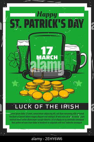 Happy St Patricks Day birra verde e clover vettore design. Invito alla festa irlandese con cappello leprechaun, monete d'oro e shamrock, tazza di birra e bicchiere Illustrazione Vettoriale