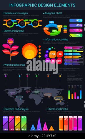 Elementi grafici e grafici, elementi di progettazione di diagrammi infografici. Mappa del mondo, percentuale e statistiche, dati analitici, schemi di colore in forma di pianta o torta Illustrazione Vettoriale