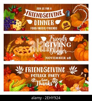 Festa della fortuna di amicizia con cena del Ringraziamento. Autunno raccolta zucca, tacchino e foglie d'arancia, torta di frutta, uva e bacche su legno b Illustrazione Vettoriale