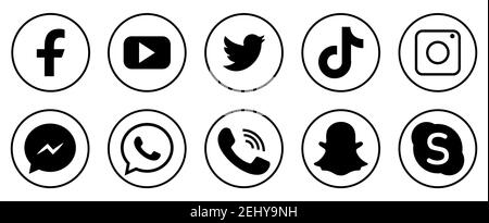 Icone dei social media impostate. Illustrazione del set di icone di colore nero. facebook twitter, instagram, youtube, snapchat, whatsap, viber skype tiktok Illustrazione Vettoriale