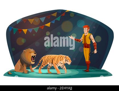 Circus arena e spettacolo con animali selvatici addestrati. Vettore grande top manomera animale circo con frusta che si esibisce con leone ruggito e tigre in ar Illustrazione Vettoriale