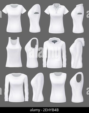Abbigliamento donna e abbigliamento sportivo mockup modello 3D realistico, vista frontale e laterale vuota. T-shirt Vector bianche, canotte sportive e felpe con cappuccio, casual Illustrazione Vettoriale