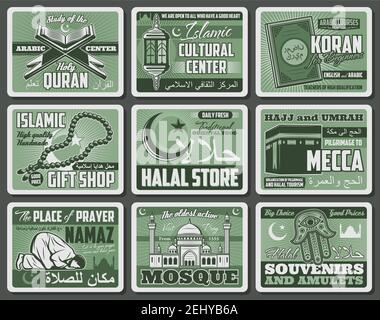 La moschea della religione musulmana, il libro di Islam Quran e la lanterna di Ramadan. Luna mezzaluna vettoriale, stella e Mecca Kaaba, preghiera namaz e rosari perline, hamsa mano An Illustrazione Vettoriale