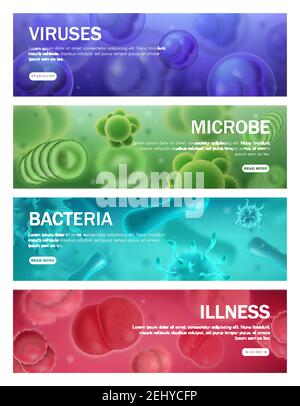 Virus, batteri e striscioni di malattie virali microscopiche. Vettori patogeni e cellule di infezione batterica, scienze microbiologiche e cliniche infettive Illustrazione Vettoriale