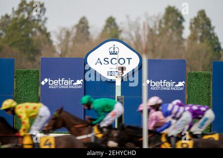 Una visione generale mentre i corridori passano il posto vincente con un circuito per andare nel Betfair Cheltenham Free Bet Pot Builder handicap hurdle all'ippodromo di Ascot. Data immagine: Sabato 20 febbraio 2021. Foto Stock