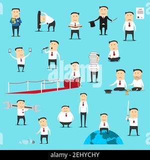 Personaggi di uomini d'affari, manager, lavoratore d'ufficio o impiegato in diverse situazioni, pose e gesti disegno vettoriale. L'uomo del cartone animato in suit che fa il discorso, Illustrazione Vettoriale